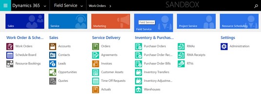 Dynamics 365 for Field Service Tile Selector menu