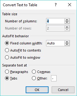 Convert Text to Table Word 2019