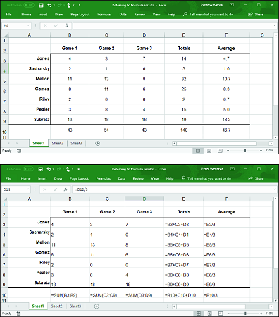 Excel formula results