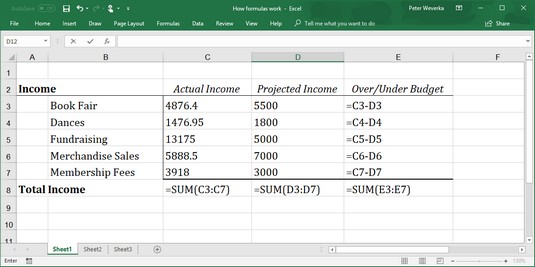 Excel formulas in worksheet