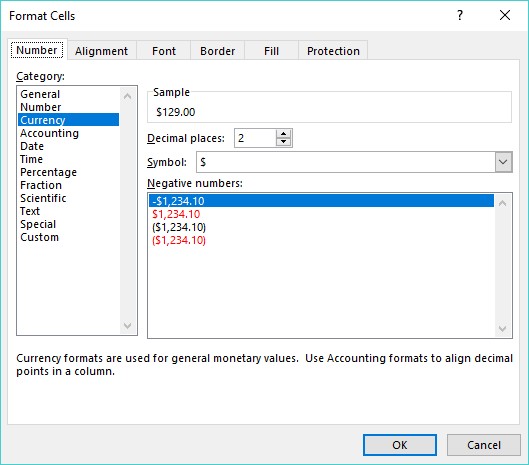 Format Cells dialog box Excel 2019