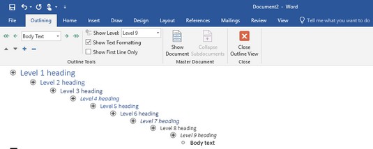 heading levels Office 2019