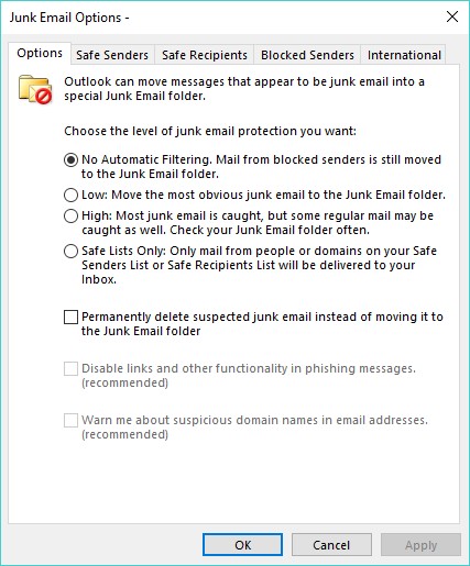 Junk email options Outlook 2019