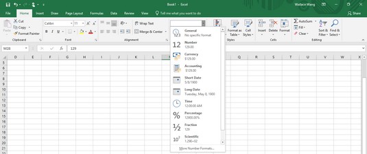 Number format list box Excel 2019