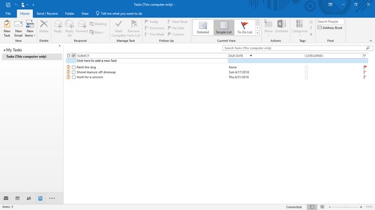 Outlook 2019 task list