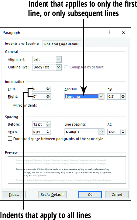 Wrod 2019 paragraph dialog box