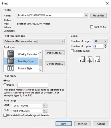 Outlook print options