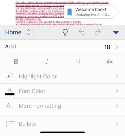 welcome back notification Word app