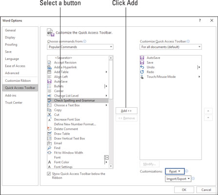 Quick Access toolbar buttons