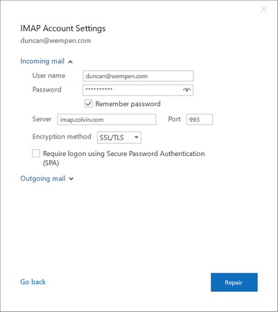mail server settings Outlook 2019