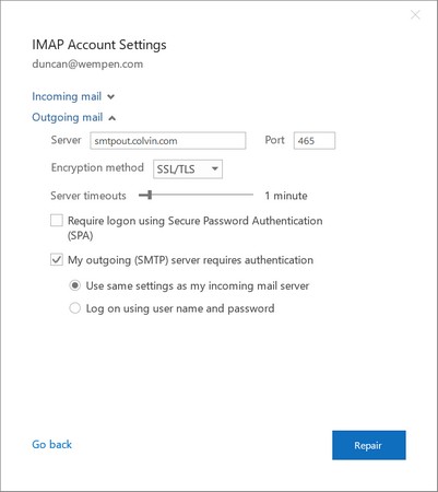 Outlook 2019 mail server settings