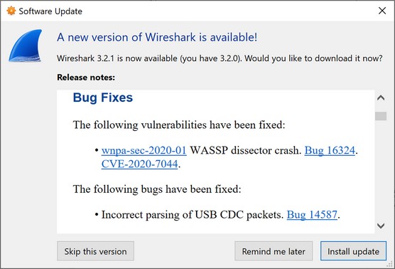 Wireshark bug fix list