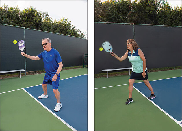 Photos of people demonstrating a correct versus incorrect pickleball volley hit