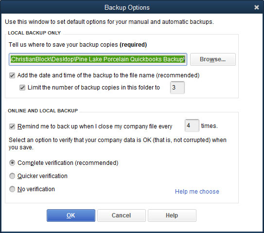 The Backup Options dialog box