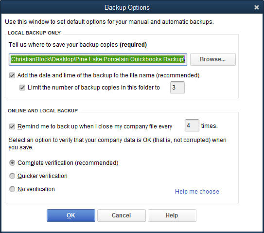 The Backup Options dialog box