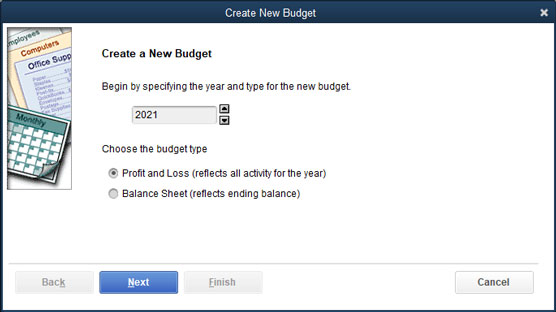 The Create New Budget dialog box