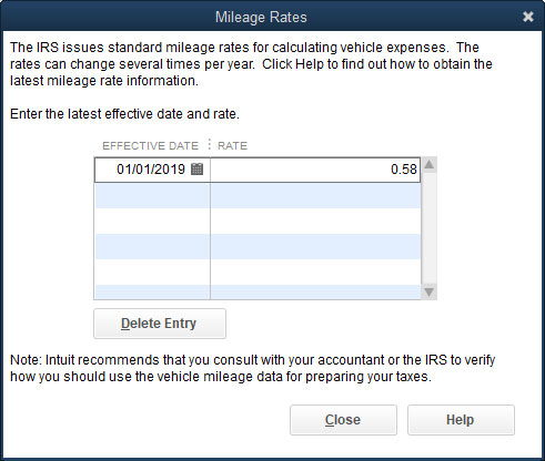 The Mileage Rates dialog box