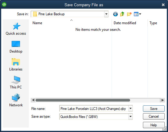 The Save Company File As dialog box