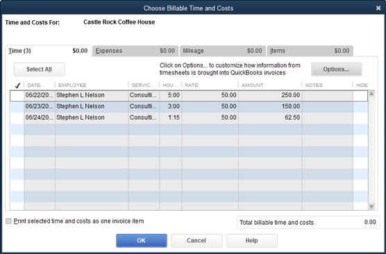 The Choose Billable Time and Costs dialog box.
