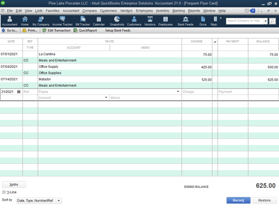 The Credit Card register with some transactions