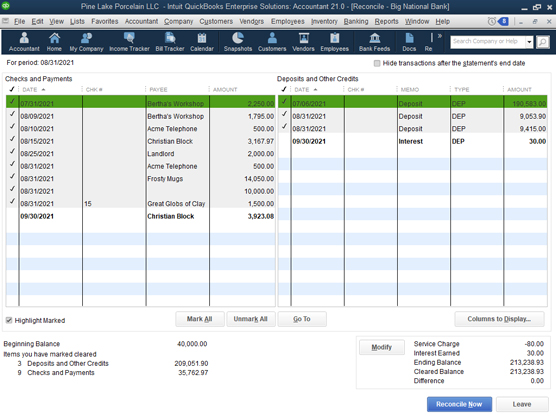 The QuickBooks Reconcile window