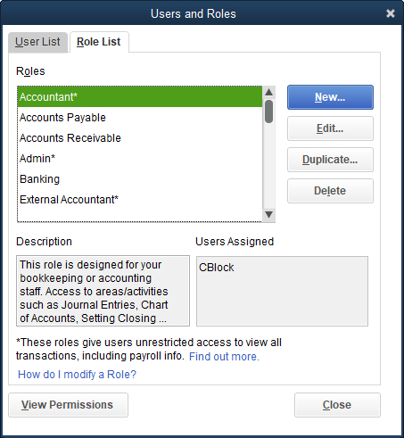 The Role List tab of the Users and Roles dialog box.