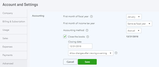 QuickBooks Online closing date