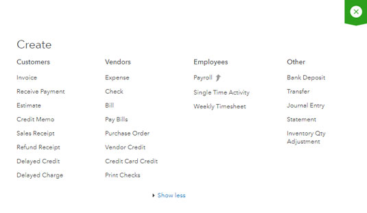 QuickBooks Online Create menu