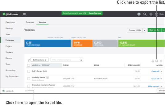 QuickBooks Online export list