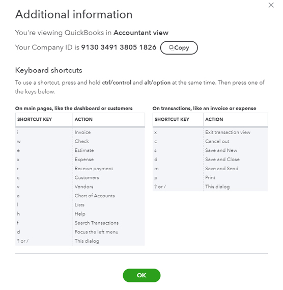 QBO keyboard shortcuts