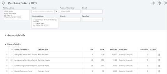 purchase order QBO