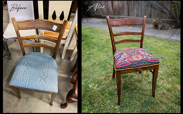 Photos of a chair before and after refinishing
