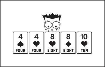 Illustration of a rummy hand: four of spades, four of hearts, eight of hearts, eight of diamonds, and ten of hearts.