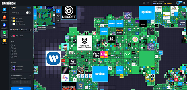 Screenshot showing a properties map of the Sandbox metaverse platform