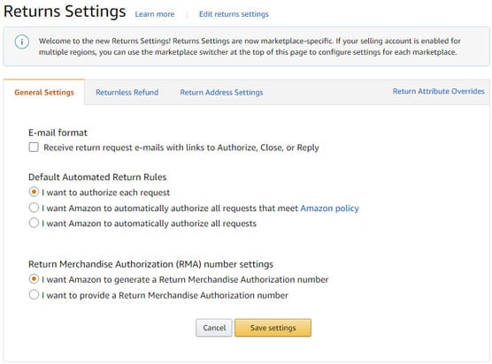 Amazon Return Settings page