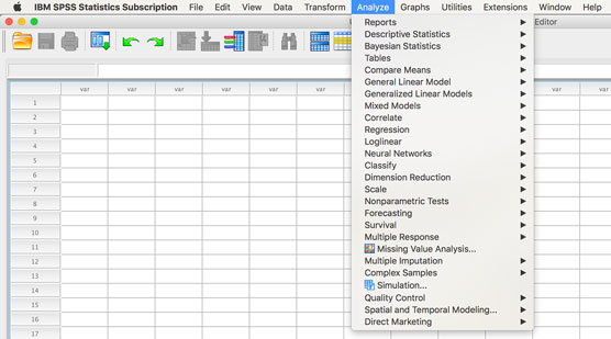 SPSS Statistics Analyze menu modules