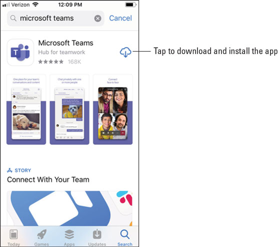 Installing the Teams app from the Apple App Store.
