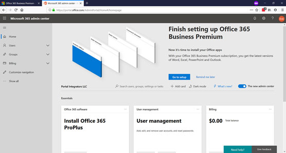 The main Office 365 landing page.