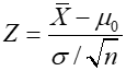 test statistic and critical value(s) based on the standard normal (Z) distribution when population standard deviation is known