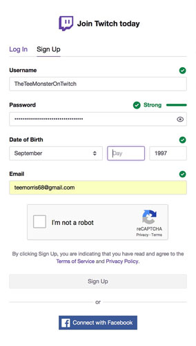 Creating an Account with Twitch