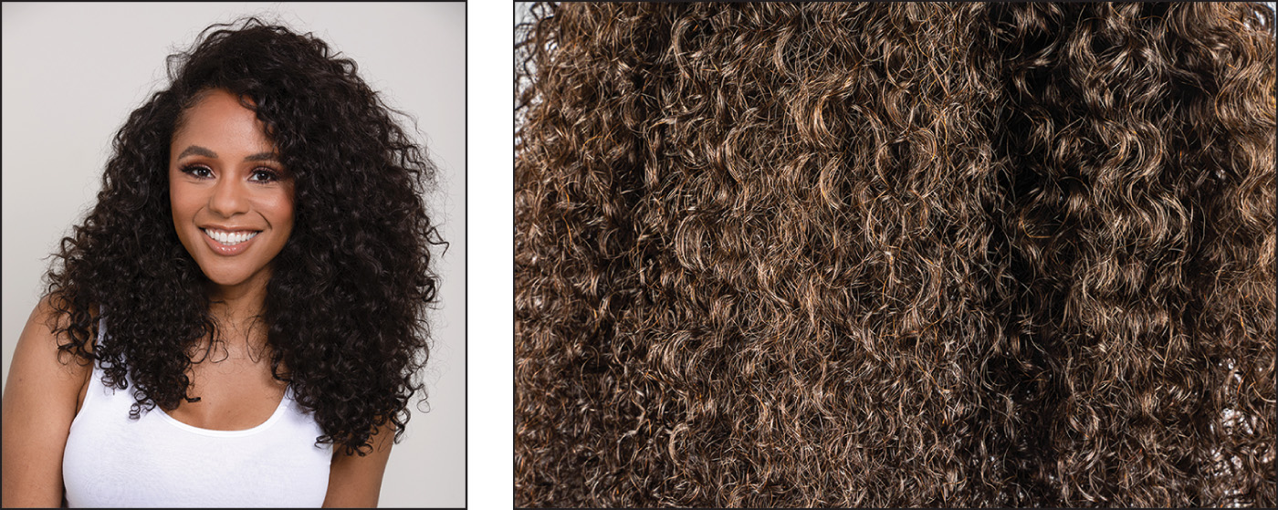 two photos showing woman with type 3 hair and a close-up of the hair