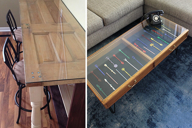 Photos showing a table made from a door and a coffee table made from a dresser drawer