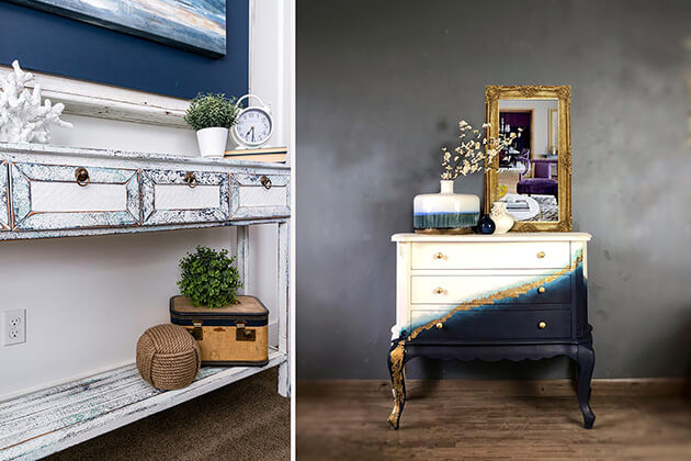 Photos of a weathered console table and a reimagined cabinet made from a dresser