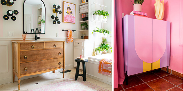 Photos of a bathroom vanity made from a dresser and a cabinet