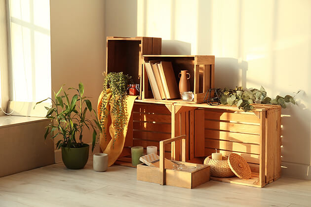 Photo of wooden crates being used as shelves