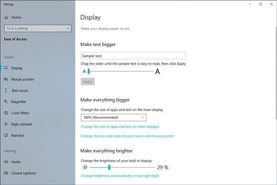 Windows 10 Ease of Access screen