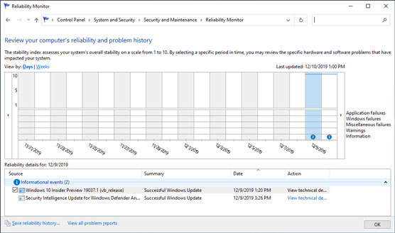 Reliability History screen