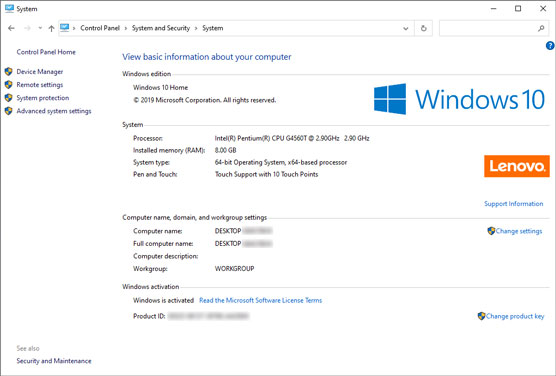 Windows 10 System window