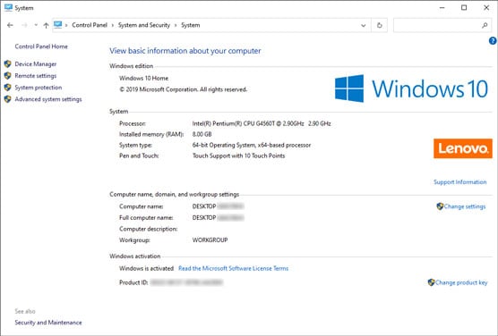 Windows 10 System window