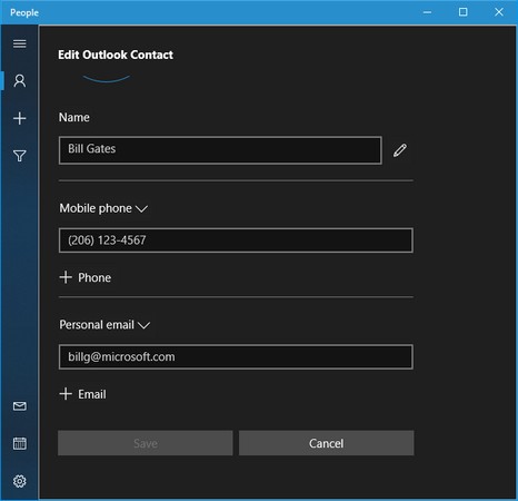 change contact info Windows 10